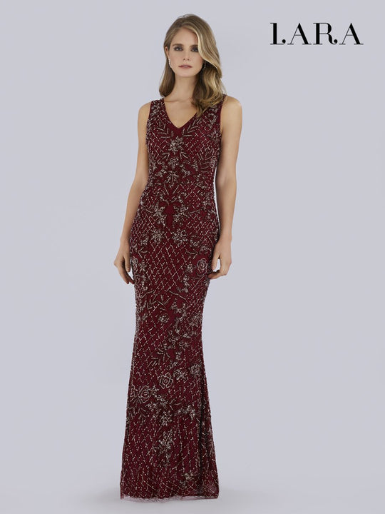 Lara Dresses - 29818 Bead Embellished V-Neck Evening Dress In Red