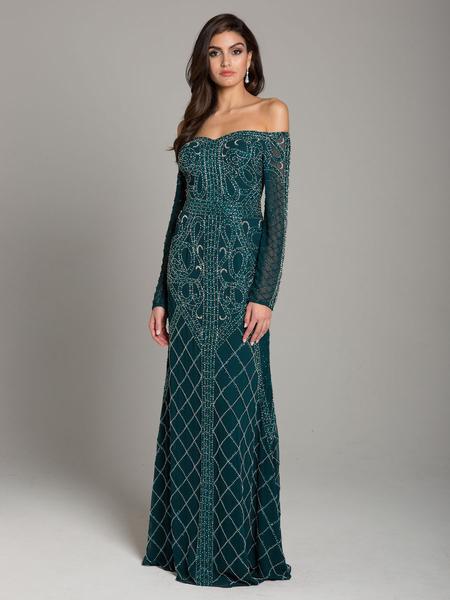Lara Dresses - 29834 Beaded Off-Shoulder Long Sleeve Sheath Dress In Green