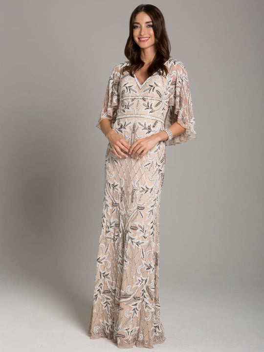Lara Dresses - 29838 Cape Sleeve Ivy Motif Sheath Gown In Neutral