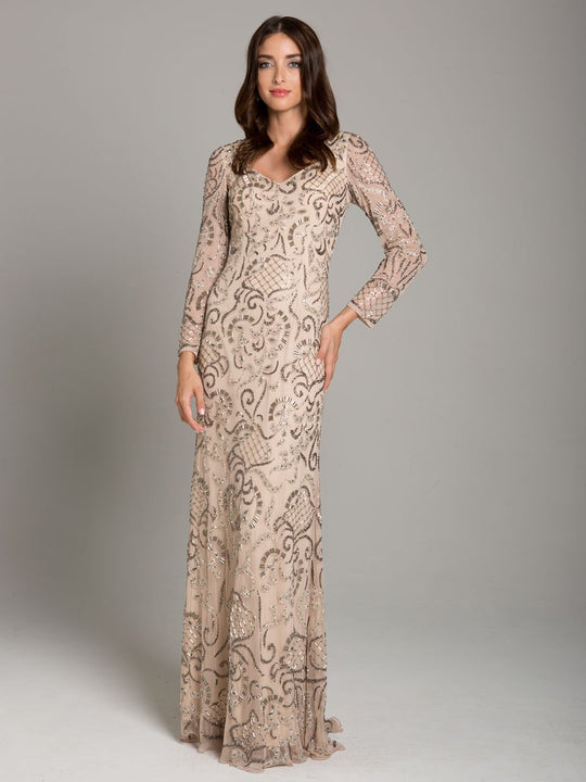 Lara Dresses - 29839 Swirling Lattice Motif Long Sleeve Gown In Neutral