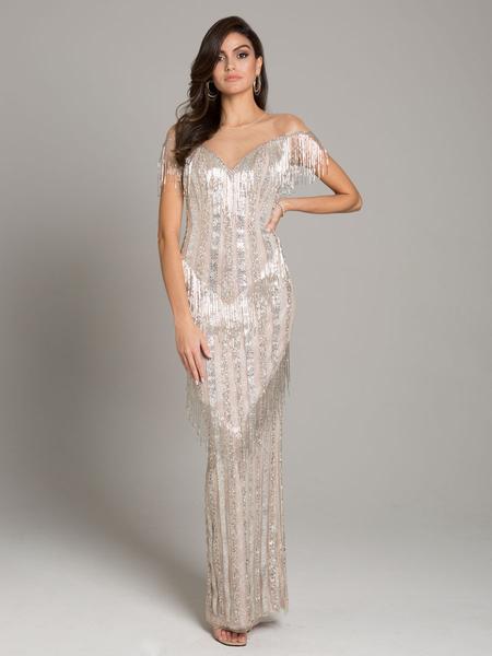 Lara Dresses - 29847 Beaded Fringe Illusion Jewel Sheath Dress In Neutral and Silver