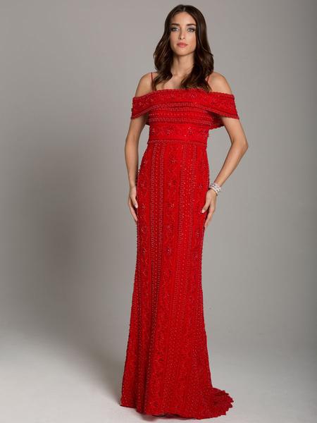 Lara Dresses - 29850 Bedazzled Off-Shoulder Sheath Dress With Train In Red