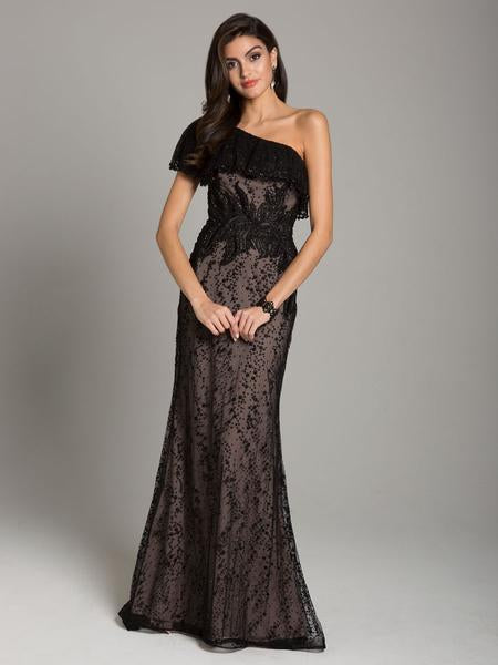 Lara Dresses - 29851 Embellished Lace One Shoulder Trumpet Dress In Black and Neutral