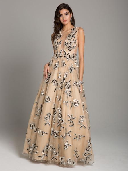 Lara Dresses - 29852 Beaded Floral Lace Jewel Neck Ballgown In Neutral and Black