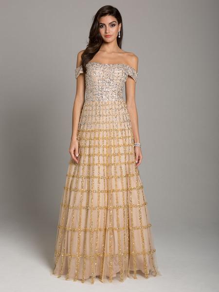 Lara Dresses - Beaded Off-Shoulder A-Line Evening Gown 29853 In Gold and Silver