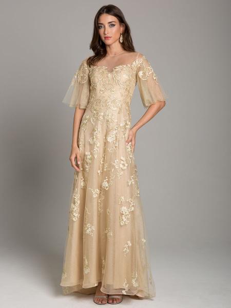 Lara Dresses - 29854 Applique Jewel Neck Tulle A-line Dress In Gold