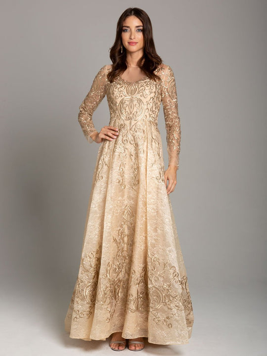 Lara Dresses - 29856 Illusion Long Sleeve Appliqued Lace A-Line Gown In Gold