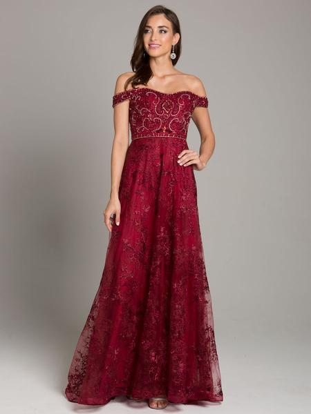 Lara Dresses - 29861 Beaded Lace Off-Shoulder A-line Dress In Red