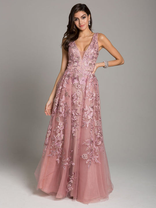 Lara Dresses - 29862 V-Neck Beaded Lace Ornate Tulle A-Line Gown In Pink
