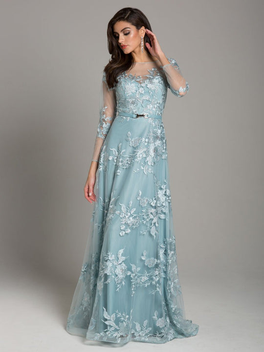 Lara Dresses - 29863 Beaded Applique Long Sleeve A-Line Gown In Blue