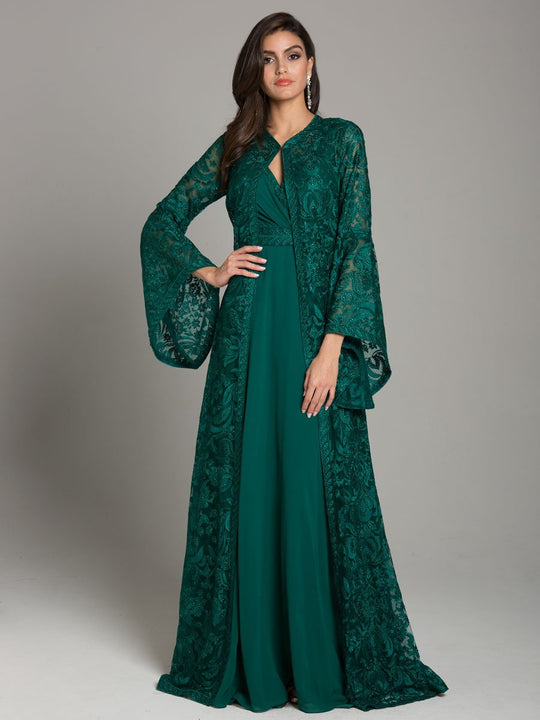 Lara Dresses - 29864 Embroidered Chiffon Gown with Bell Sleeve Jacket In Green