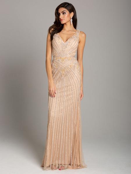 Lara Dresses - 29865 Embellished V-neck Sheath Dress With Train in Neutral