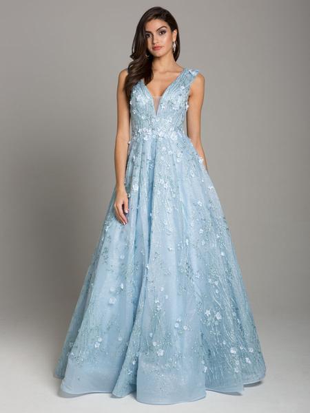 Lara Dresses - 29866 Floral Applique Deep V-neck Ballgown In Blue