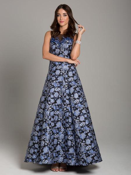 Lara Dresses - 29867 Brocade Jewel Neck A-line Dress In Blue and Floral