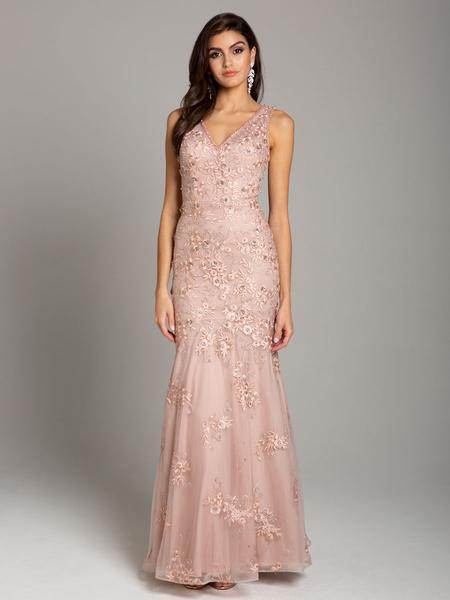 Lara Dresses - 29869 Floral Lace V-neck Mermaid Dress In Pink