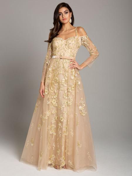 Lara Dresses - 29870 Lace Off-Shoulder Tulle Ballgown In Gold