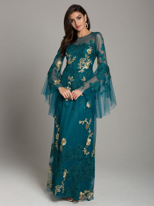 Lara Dresses - 29871 Cascading Bell Sleeve Embroidered Tulle Gown In Green
