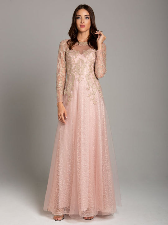 Lara Dresses - 29873 Golden Lace Appliqued Long Sleeve A-Line Gown In Pink