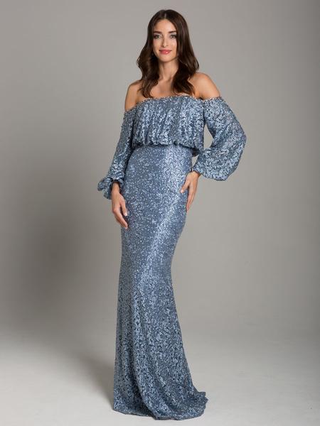 Lara Dresses - 29877 Lace Off-Shoulder Blouson Sheath Dress In Blue