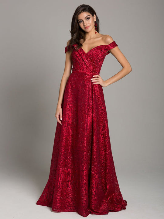 Lara Dresses - 29878 Folded Surplice Detailed Off Shoulder Gown In Red