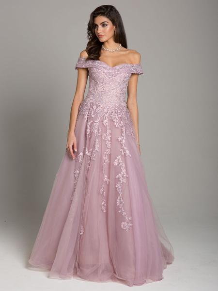 Lara Dresses - 29882 Beaded Lace Off-Shoulder Tulle Ballgown In Pink