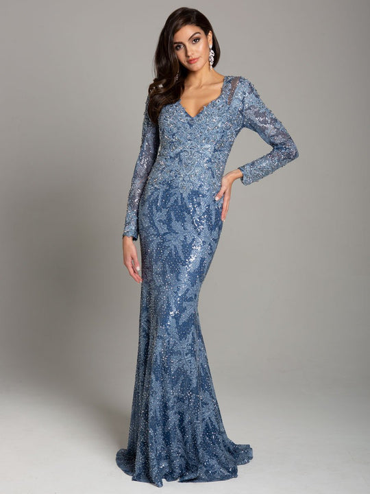 Lara Dresses - 29885 Long Sleeve Sequined Lace Mermaid Gown In Blue