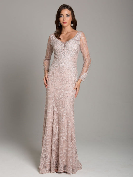 Lara Dresses - 29886 Foliage Motif Beaded Long Sleeve Gown In Pink