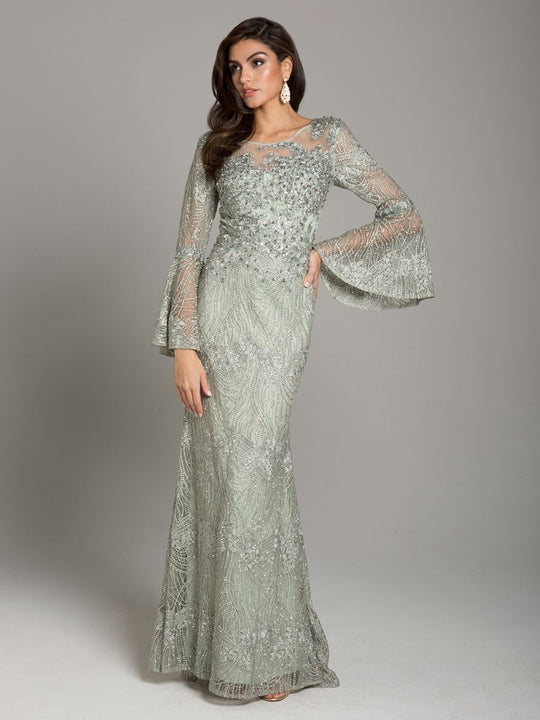 Lara Dresses - Embellished Lace Mermaid Gown with Bell Sleeves 29887 In Gray and Green