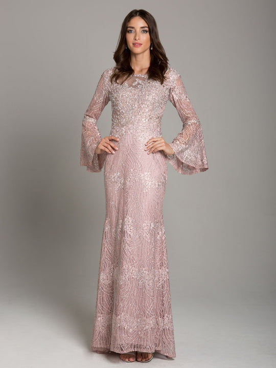 Lara Dresses - 29887 Embellished Lace Mermaid Gown with Bell Sleeves In Pink