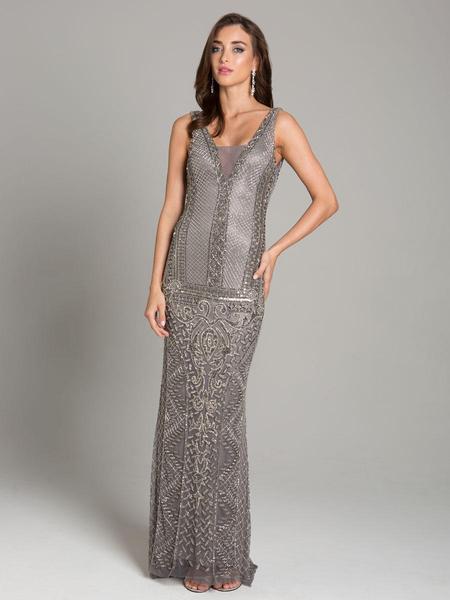 Lara Dresses - 29890 Lattice Beaded Scoop Back Long Gown In Silver and Gray