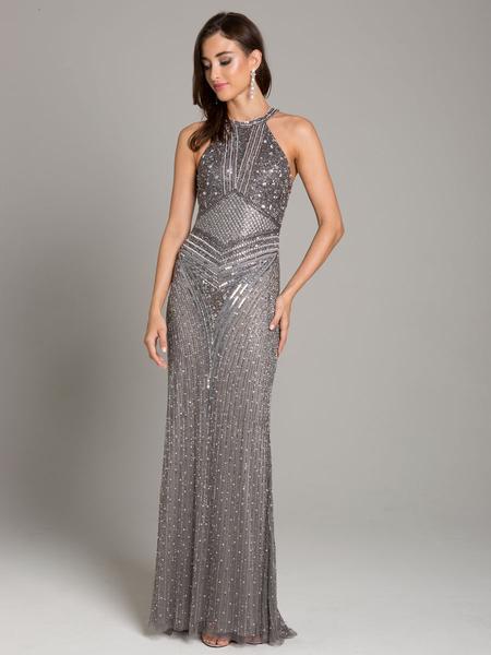 Lara Dresses - 29891 Fully Beaded Halter Sheath Dress In Silver
