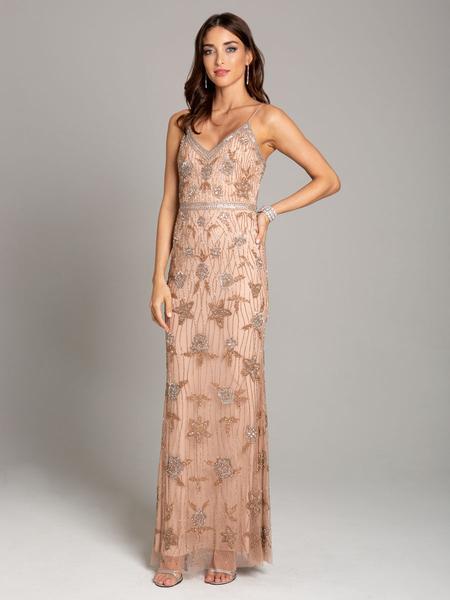 Lara Dresses - 29894 Sleeveless Beaded V-neck Sheath Dress In Pink and Gold