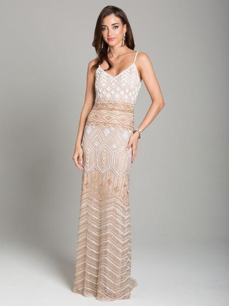 Lara Dresses - 29895 Embellished V-neck Trumpet Dress With Train In Neutral and Multi-Color