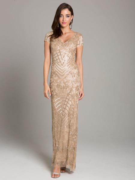 Lara Dresses - 29896 Embellished Short Sleeve V-neck Sheath Dress In Neutral