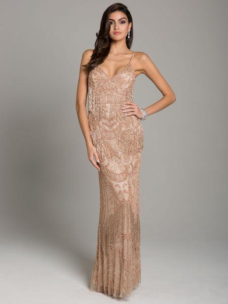 Lara Dresses - 29897 Beaded Fringe Plunging V-neck Sheath Dress In Pink and Gold