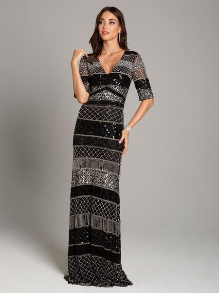 Lara Dresses - 29898 Beaded Plunging V-neck Sheath Dress In Black and Silver