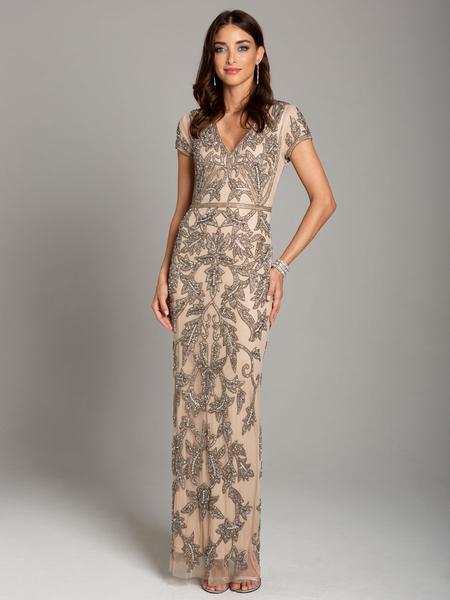 Lara Dresses - 29899 Embellished Plunging V-neck Sheath Dress In Neutral and Gray