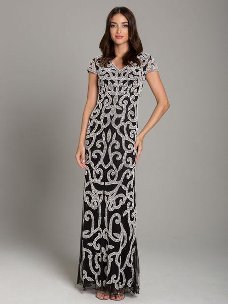 Lara Dresses - 29901 Embellished V-neck Short Sleeve Sheath Dress In Black and White