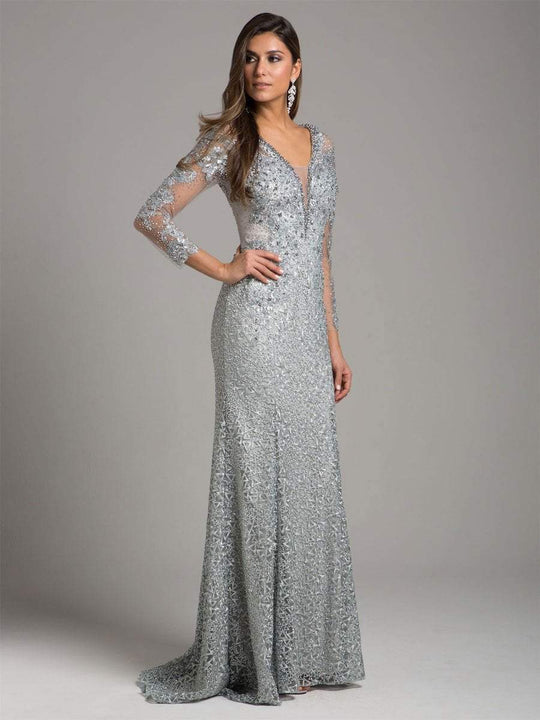 Lara Dresses - 29919 Rhinestone Accented Deep V-neck Sheath Dress in Silver