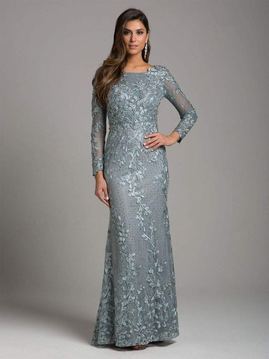 Lara Dresses - 29924 Embellished Long Sleeve Bateau Sheath Dress in Gray