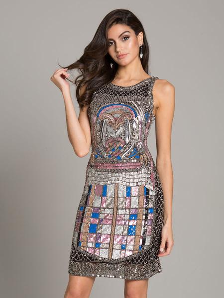 Lara Dresses - 29907 Beaded Jewel Neck Fitted Dress In Black and Multi-Color
