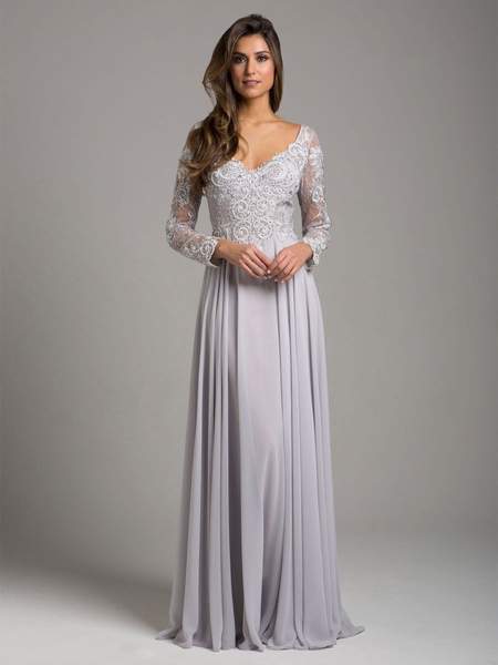 Lara Dresses - Sheer Long Sleeve Lace Appliqued A-Line Gown 29929 In Silver
