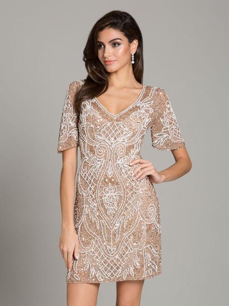 Lara Dresses - 29916 Beaded Short Sleeve V-neck Sheath Dress In Neutral