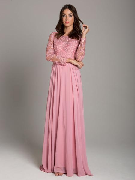 Lara Dresses - 29920 Applique Long Sleeve A-line Dress In Pink