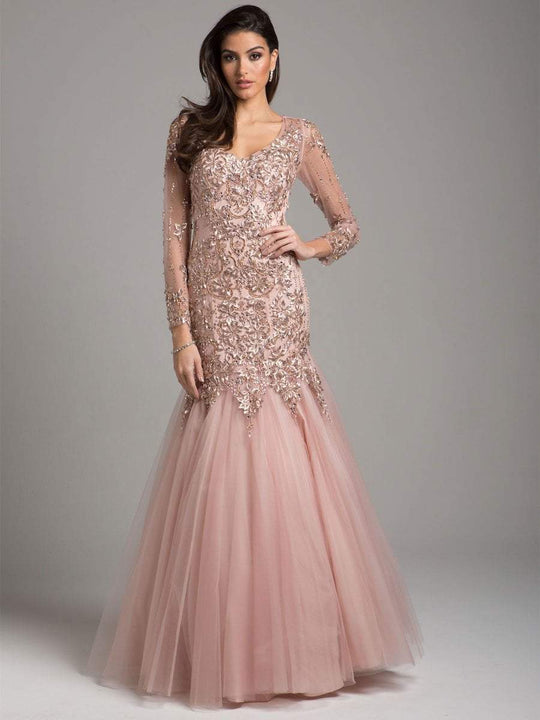Lara Dresses - 29950 Long Sleeve Floral Appliqued Trumpet Gown in Pink