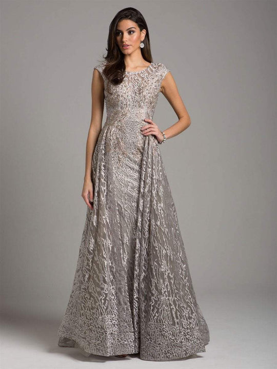 Lara Dresses - 29931 Cap Sleeve Illusion Lace Overskirt Long Gown in Silver