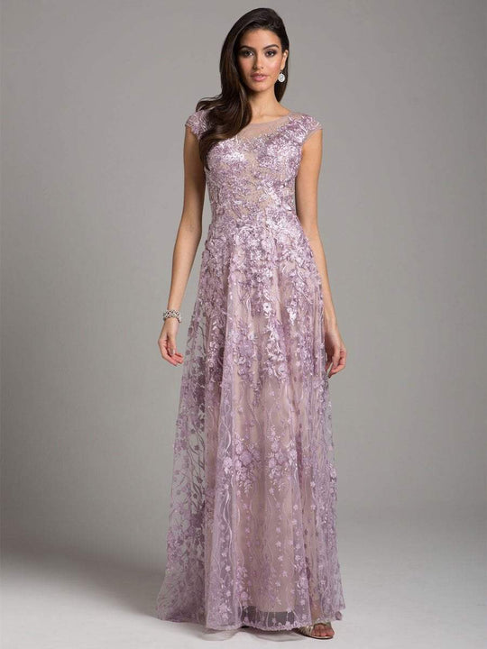 Lara Dresses - 29930 Cap Sleeve Floral Lace Sheer Long Gown in Purple