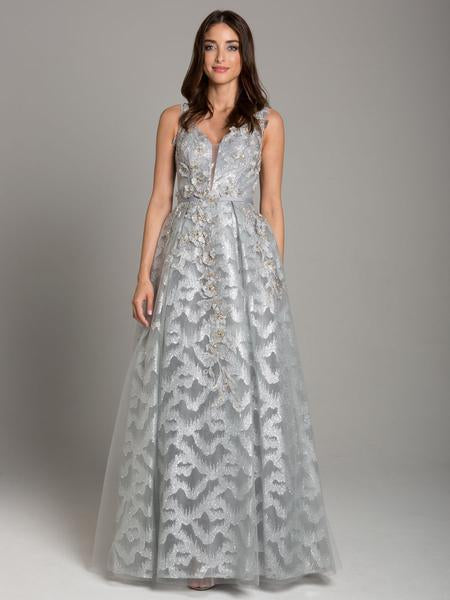 Lara Dresses - 29941 Floral Applique Lace Ballgown In Silver