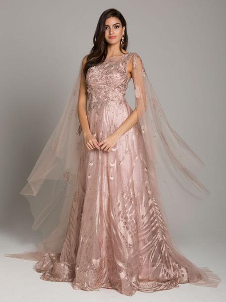 Lara Dresses - 29942 Beaded Lace Bateau Ballgown With Cape Detail In Pink