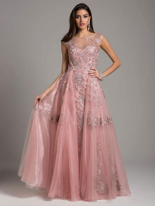 Lara Dresses - 29946 Embellished Cap Sleeve Illusion Bateau Ballgown in Pink